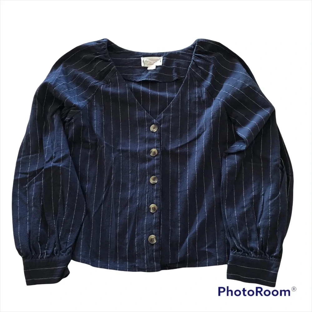 LOVERICHE VNECK BUTTON UP BLOUSE LONG SLEEVE NAVY WITH STRIPES SHIRT SIZE SMALL - Picture 4 of 6